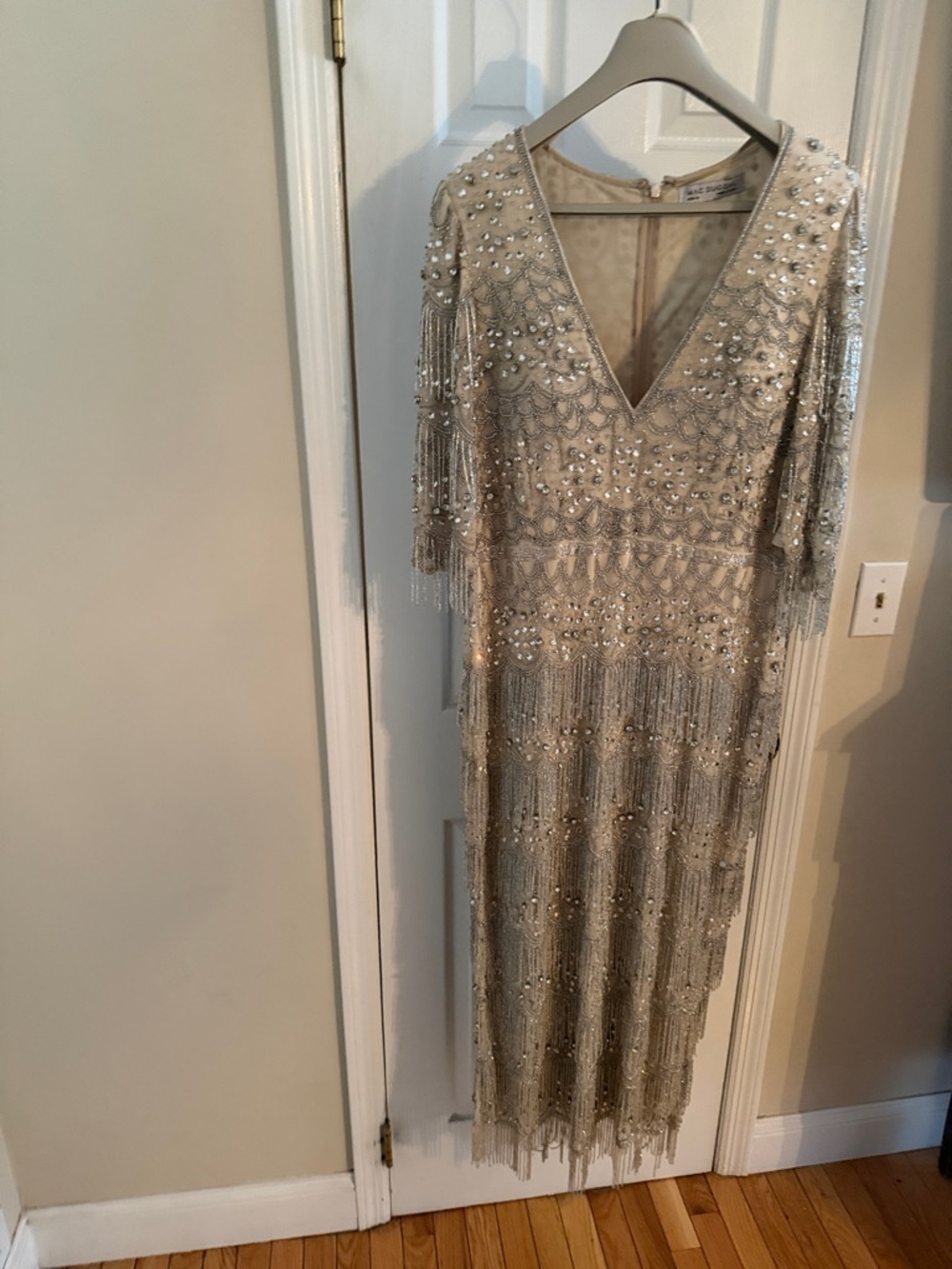 Mac Duggal Silver Beaded Fringe Maxi Dress